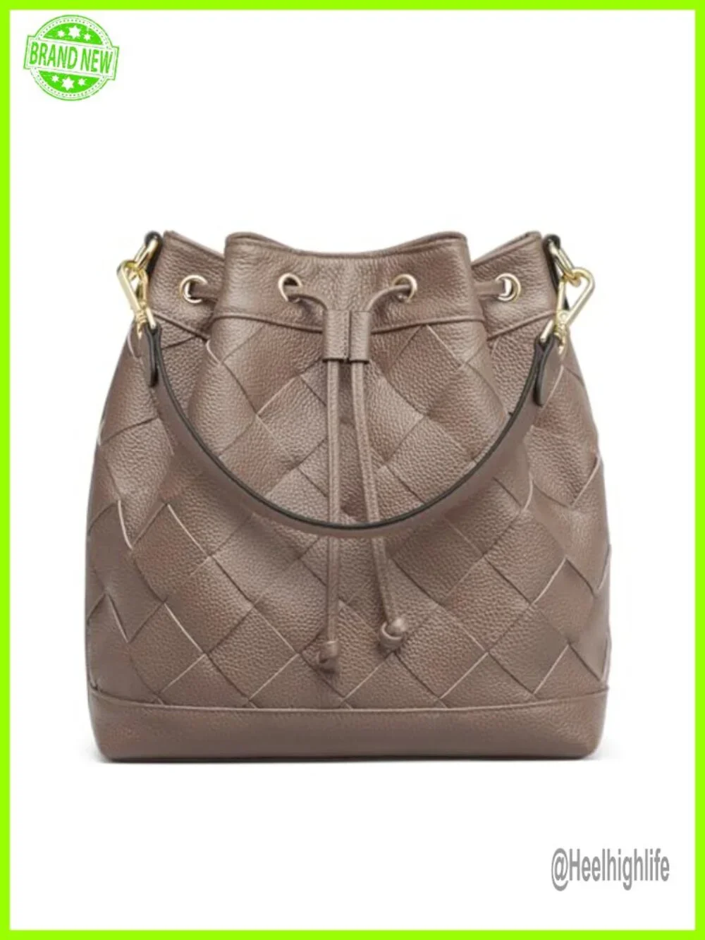 Woven Leather Bucket Bag Drawstring Crossbody Hobo with 2 Straps